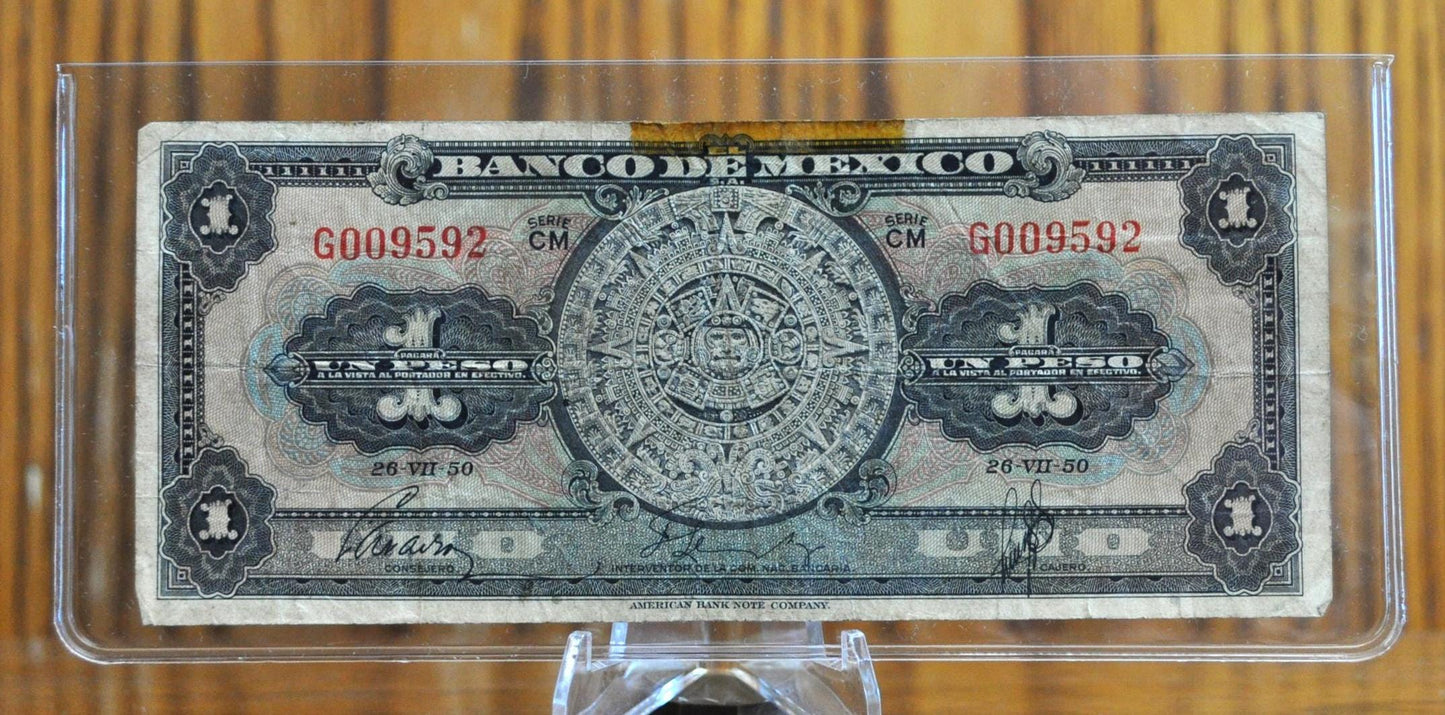 1954 Bank of Mexico 1 Peso Bank Note - Aztec Calendar Design - Series FA - Excellent Condition - 1954 One Peso Mexico Note - P#56b