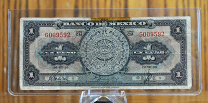 1954 Bank of Mexico 1 Peso Bank Note - Aztec Calendar Design - Series FA - Excellent Condition - 1954 One Peso Mexico Note - P#56b