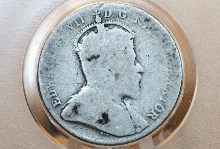 1910 Canadian Silver 10 Cent Coin - G/VG (Very Good) Condition - King George - Canada 10 Cent Sterling Silver 1910 Canada