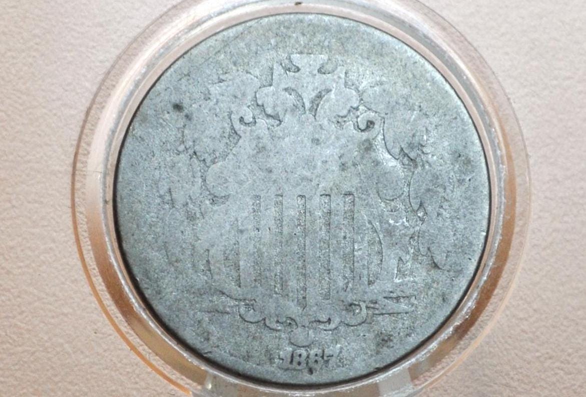 1867 Shield Nickel Without Rays - VG-F (Very Good to Fine) Details, Hole Drilled - 1867 US Nickel -Shield Type Nickel 1800's- Shield Nickels