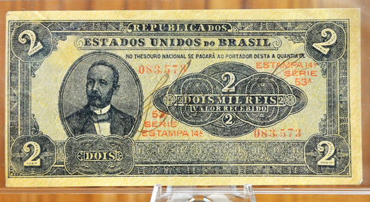 1921 Brazil Valor Recibido 2 Mil Reis Bank Note - Rare Signed Note - Uncirculated Condition - 1921 Brazilian Two Thousand Reis Note - P#16