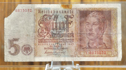 1942 5 Reichsmark German Bank Note - 1942 Reichsbanknote Reichsmark Note - Circulated Condition - 1942 Five Reichsmark Note - P#186a