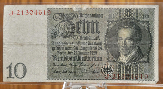 1929 10 Reichsmark German Bank Note - 1929 Reichsbanknote Reichsmark Note - Circulated Condition - 1929 Ten Reichsmark Note - P#180a