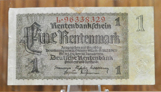 1937 1 Rentenmark German Paper Note - Rentenbankschein - 8-Digit Serial Number - 1937 One Eine Rentenmark Germany Bank Note - P#173b