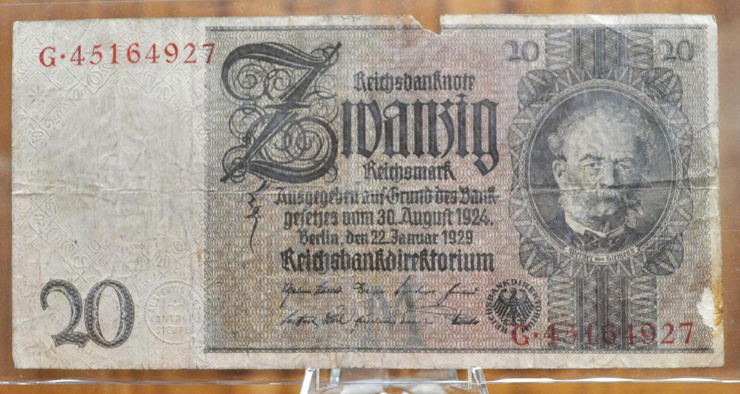 1929 20 Reichsmark German Bank Note - 1929 Reichsbanknote Reichsmark Note - Circulated Condition - 1929 Twenty Reichsmark Note - P#181a