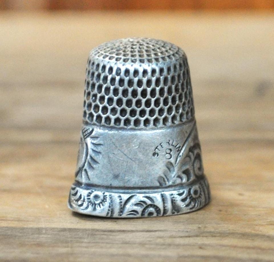 Antique Sterling Silver Simons Bros Co. Thimble - Size 8, Imperfect Shape - Scroll Design -Antique Simons Bros Sterling Silver 925 Thimble