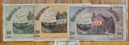 Set of 3 1920 Austria Heller Dorf Haag Notgeld - 10, 20, and 50 Heller - WWI Austrian Emergency Notes - 1920 Austria Heller Haag Dorf Notes