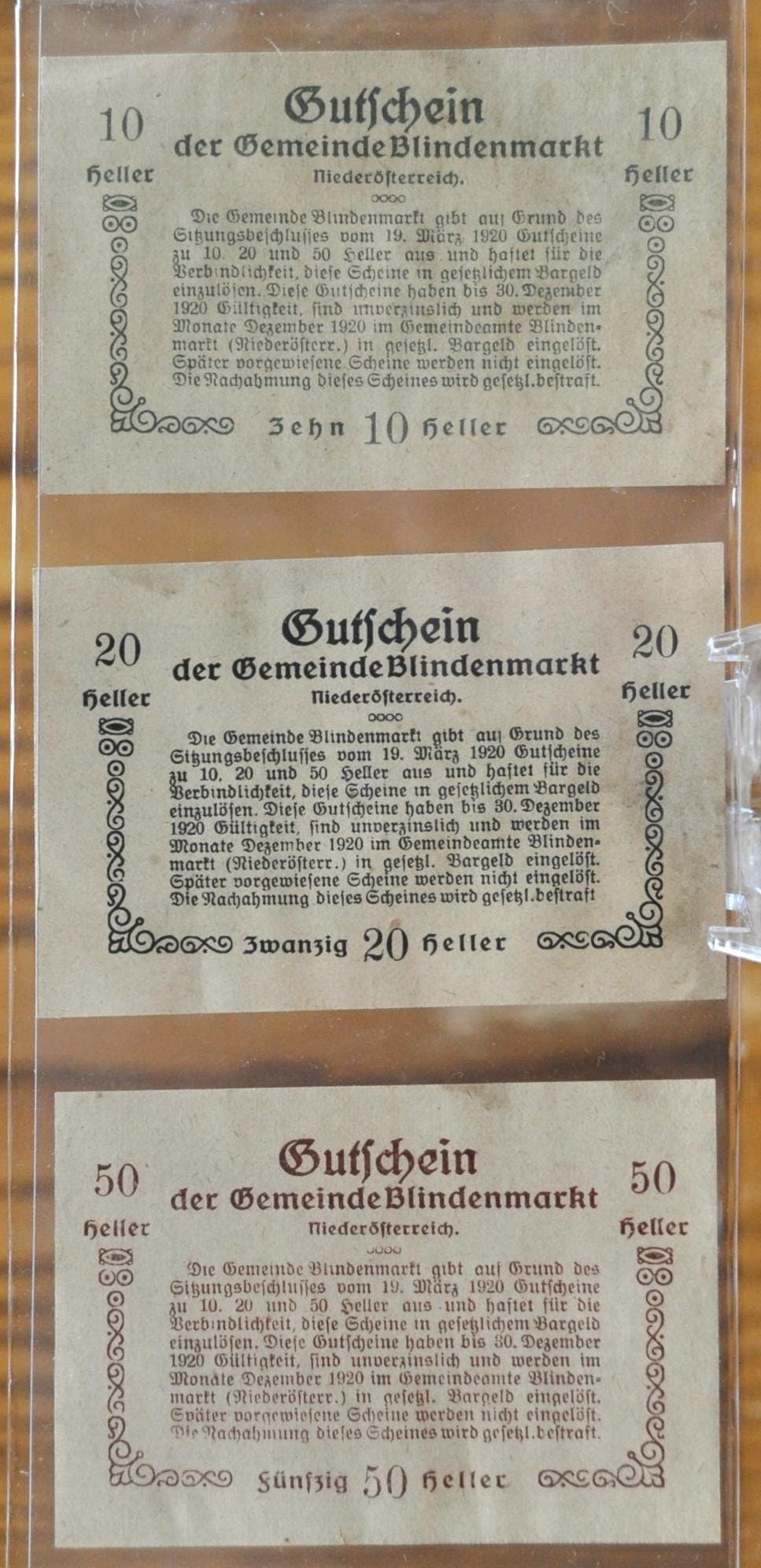 Set of 3 1920 Austria Heller Blindenmarkt Notgeld - 10, 20, and 50 Heller - WWI Austrian Notgeld - 1920 Austria Heller Blindenmarkt Notes