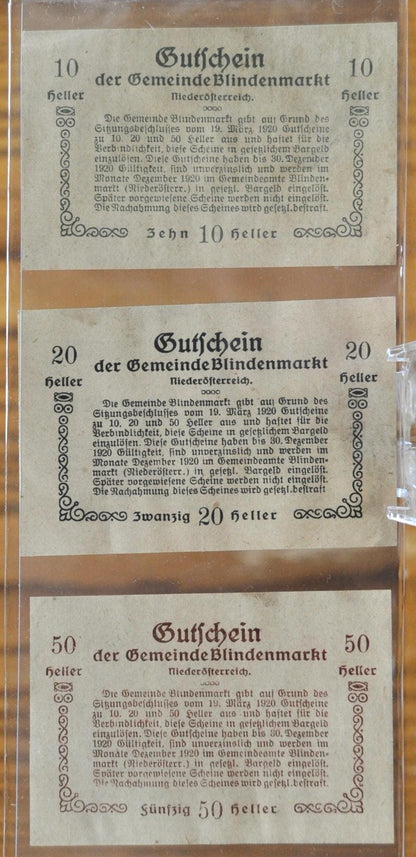 Set of 3 1920 Austria Heller Blindenmarkt Notgeld - 10, 20, and 50 Heller - WWI Austrian Notgeld - 1920 Austria Heller Blindenmarkt Notes