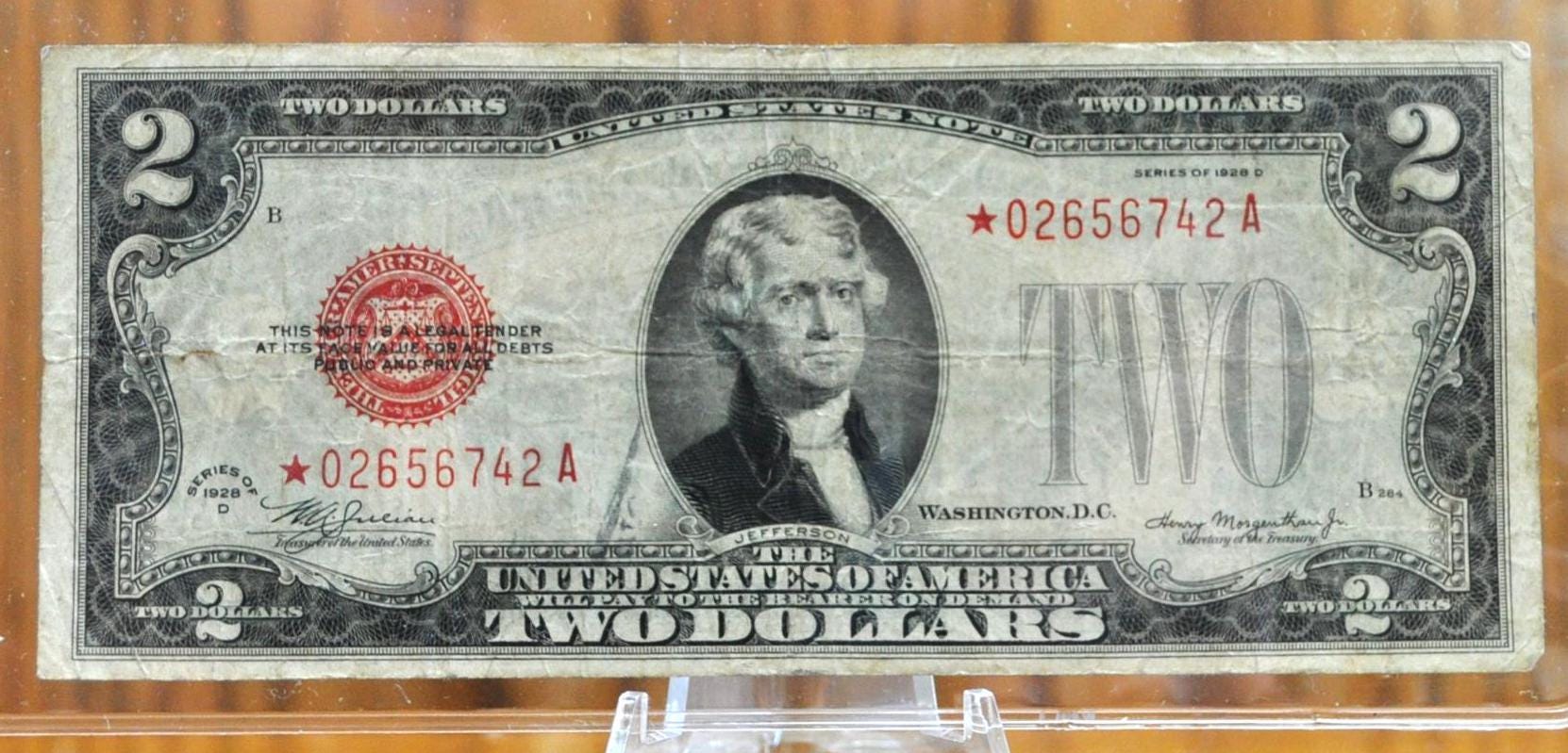 1928-D 2 Dollar United States Star Note - Red Seal Note - Choice Fine (F+) Grade - 1928D Two Dollar Legal Tender US Star Note - Fr. 1505*