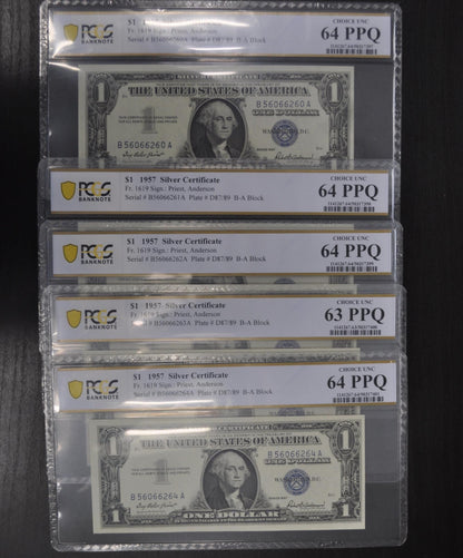 1957 Silver Certificate 5 Consecutive Serial Numbers - PCGS Graded 64 Choice Uncirculated - 1957 Silver Cert PCGS Certified Notes - Fr#1619