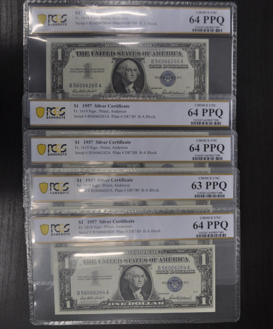 1957 Silver Certificate 5 Consecutive Serial Numbers - PCGS Graded 64 Choice Uncirculated - 1957 Silver Cert PCGS Certified Notes - Fr#1619