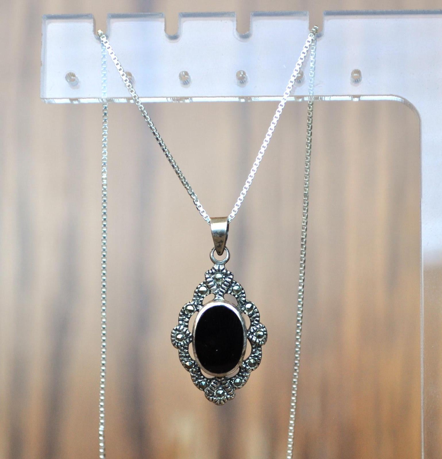 Vintage Art Deco Sterling Silver Black Onyx Marcasite Necklace - Art Deco "HA" Signed Sterling Oval Black Onyx Marcasite Pendant Necklace