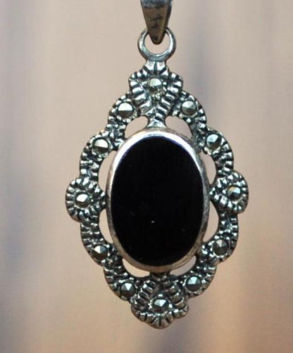 Vintage Art Deco Sterling Silver Black Onyx Marcasite Necklace - Art Deco "HA" Signed Sterling Oval Black Onyx Marcasite Pendant Necklace