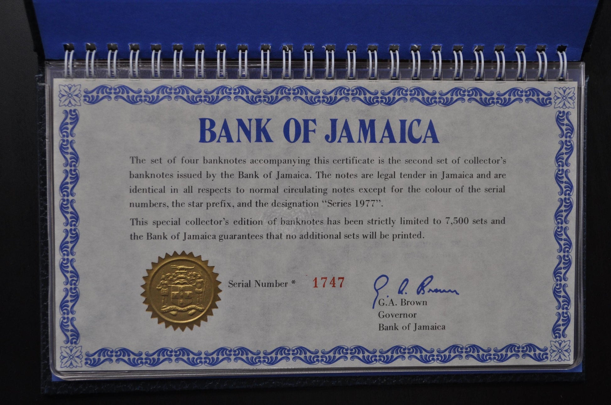 1977 Bank of Jamaica Star Note Collectors Set - Serial Number 1747 - 1, 2, 5, 10 Dollar Notes - 1977 Jamaican Star Note Collectors Book