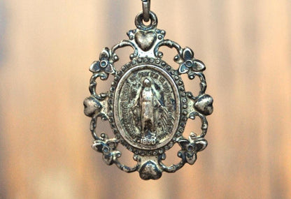 Antique HMH Religious Mary Mother of Jesus Pendant 1830 - Catholic Miraculous Pendant Silver - Religious Medal - Virgin Mary Silver Charm