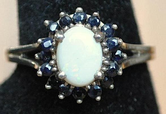 Antique Opal and Blue Sapphire Gemstone Sterling Silver Ring - Size 8.5 - Truth, Loyalty, Creativity, Oval Cut