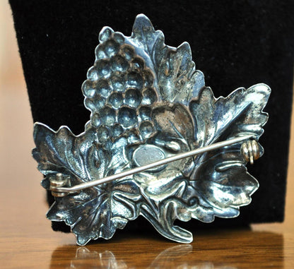 Vintage Sterling by JewelArt Grape Cluster Brooch - JewelArt Signed Sterling Silver Grape Leaves Cluster Pin - Vintage Grape Cluster Pin