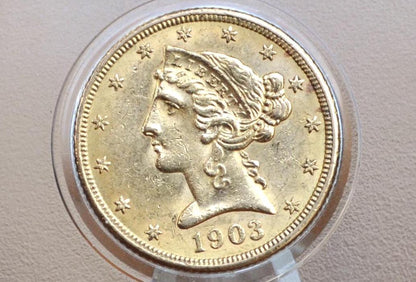 1903 Liberty Head 5 Dollar Gold Coin, 1903 Half Eagle - Uncirculated Grade/Condition - Five Dollar Gold Historic Coin, Competitively Priced