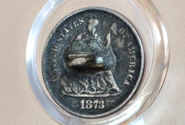 Antique Silver Button - Made From an 1873 Seated Liberty Half Dime - 1800s Button Antique