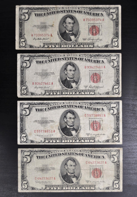 1953 Red Seal 5 Dollar Bill Fr#1533 - Choose by Grade, Good to Extra Fine - 1953 Five Dollar Bill 1953 Fr#1533, 1953A, 1953B