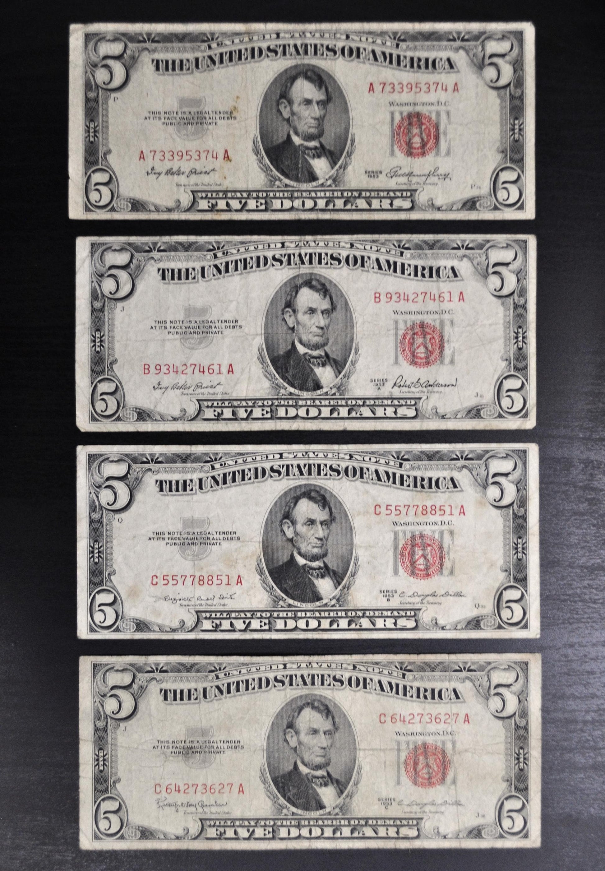 1953 Red Seal 5 Dollar Bill Fr#1532-1535 - Choose by Grade - Single Note or Series Set - 1953 Five Dollar Bill 1953, 1953A, 1953B, 1953C
