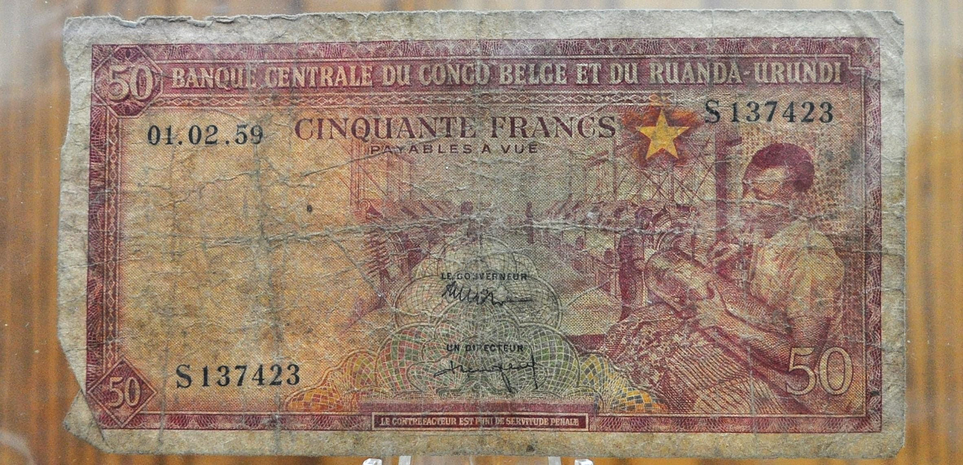 1959 Central Bank of Belgian Congo, Rwanda-Urundi 50 Francs Note - Belgium Congo Occupation - 1959 Belgian Congo Fifty Francs Note - P#32