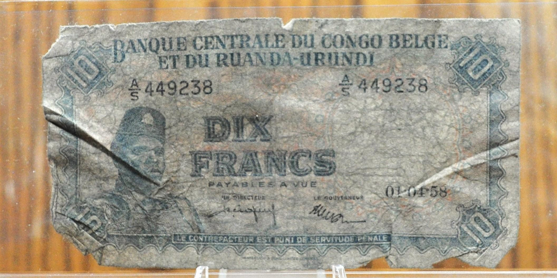 1958 Central Bank of Belgian Congo, Rwanda-Urundi 10 Francs Note - Director/Gouverneur Issue - 1958 Belgian Congo Ten Francs Note - P#30b