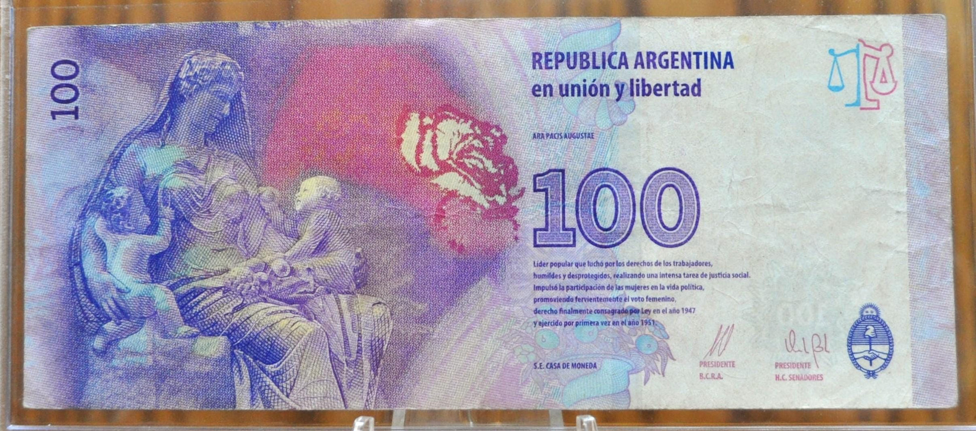 2015 Central Bank of Argentina 100 Pesos Note - Almost Uncirculated- Eva Peron Anniversary Issue - 2015 Argentina Eva Peron Banknote- P#358b