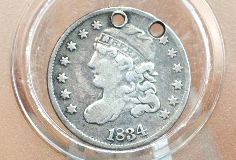 1834 Capped Bust Half Dime - VF Details, Holed - 1834 Silver Capped Bust 5 Cent - Early American Coin, 1834 Half Dime