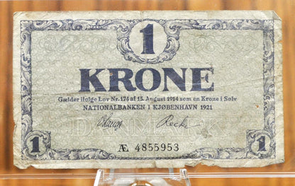 1921 Denmark 1 Krone Banknote - VG/F Pinholes - Post-WW1 Issue - Prefix AE - 1921 National Bank of Copenhagen One Krone Note - P#12f