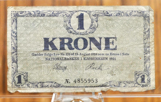 1921 Denmark 1 Krone Banknote - VG/F Pinholes - Post-WW1 Issue - Prefix AE - 1921 National Bank of Copenhagen One Krone Note - P#12f