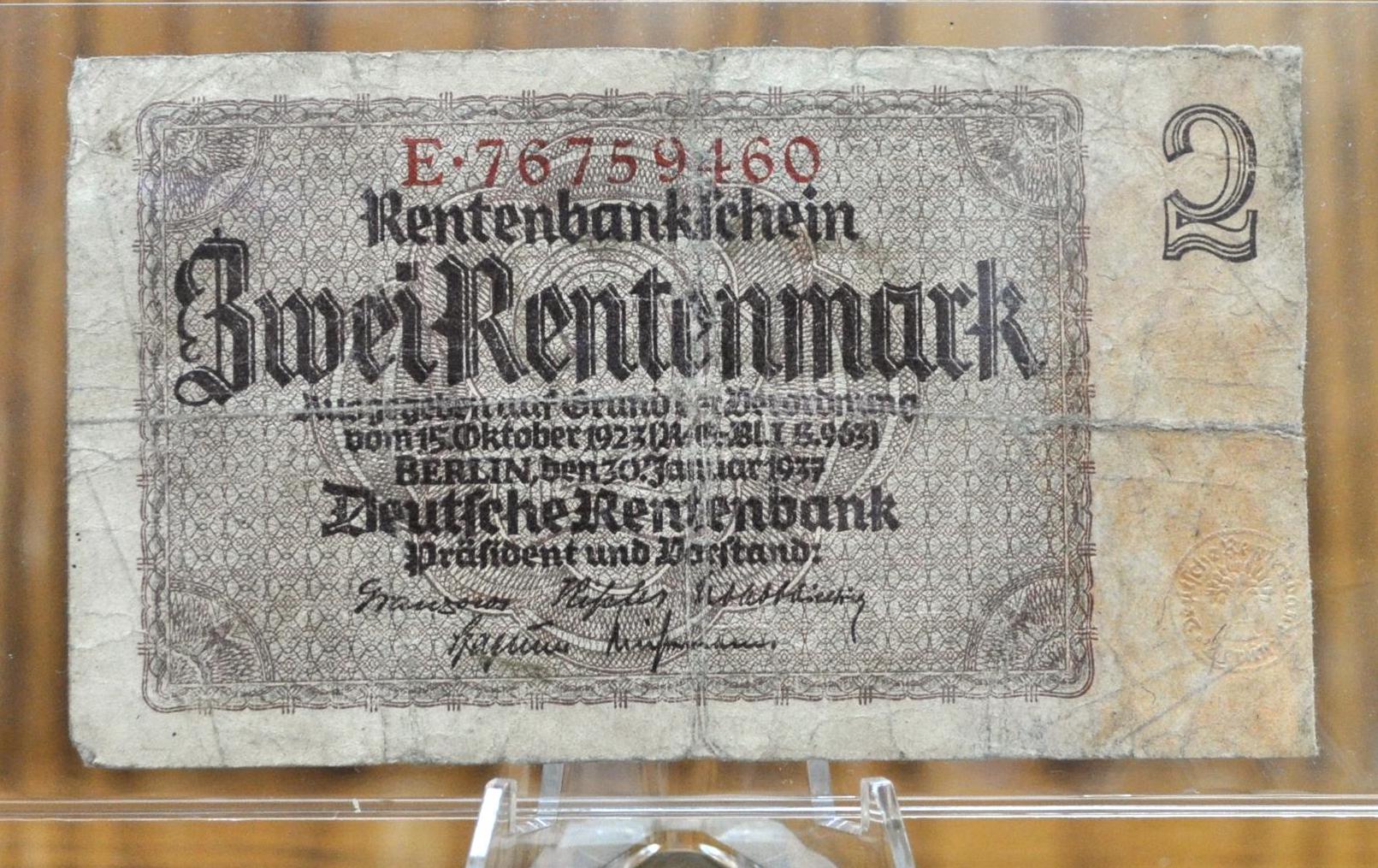 1937 2 Rentenmark German Paper Note - Rentenbankschein - 8-Digit Serial Number - 1937 Two Rentenmark Germany Bank Note - P#174b