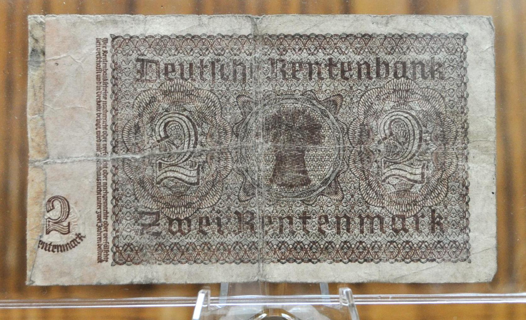 1937 2 Rentenmark German Paper Note - Rentenbankschein - 8-Digit Serial Number - 1937 Two Rentenmark Germany Bank Note - P#174b