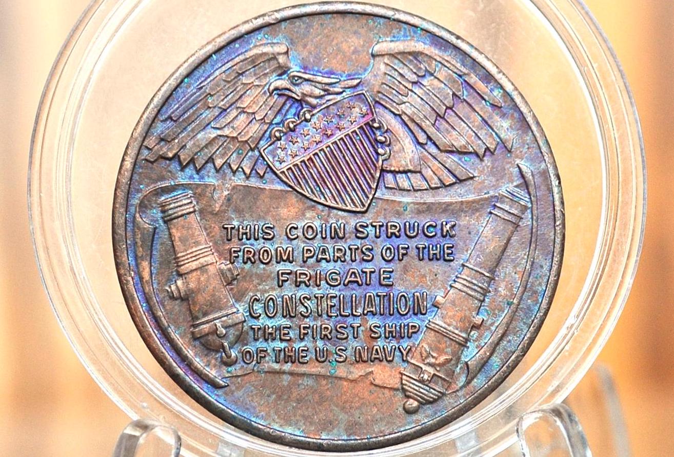 Frigate Constellation Medal, Rainbow Toned, Made From Parts of the Constellation, The First Ship Of The Us Navy Souvenir Commemorative