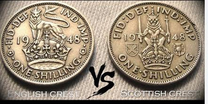 Vintage 1940s-60s Great Britain One (1) Shilling Coin featuring Queen Elizabeth or King George and Scottish and English Shields