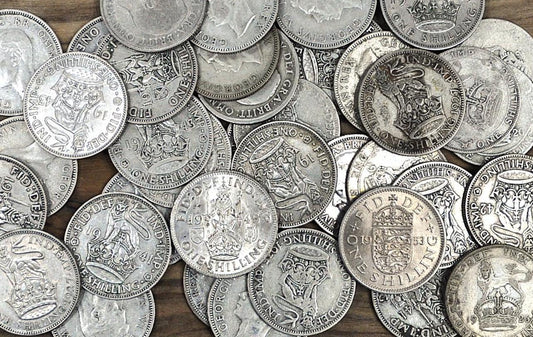 Vintage 1940s-60s Great Britain One (1) Shilling Coin featuring Queen Elizabeth or King George and Scottish and English Shields