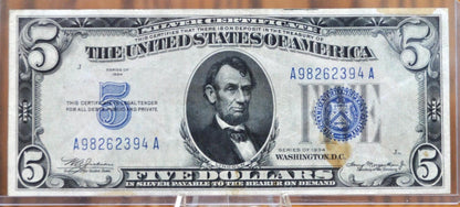 1934 5 Dollar Silver Certificate Blue Seal - AU, Some Stains - 1934 Five Dollar Silver Certificate 1934 Fr1650 / Fr#1650