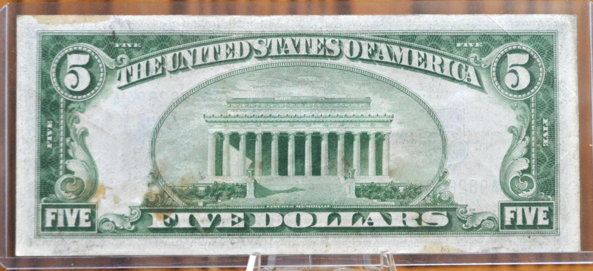 1934 5 Dollar Silver Certificate Blue Seal - AU, Some Stains - 1934 Five Dollar Silver Certificate 1934 Fr1650 / Fr#1650