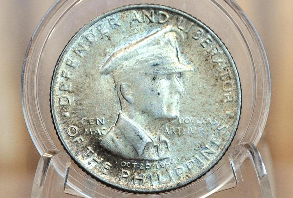 1947-S Silver Philippines 50 Centavos, Only 200,000 Made, Uncirculated, Toned, Douglas MacArthur 1947 Rare Commemorative Half Dollar