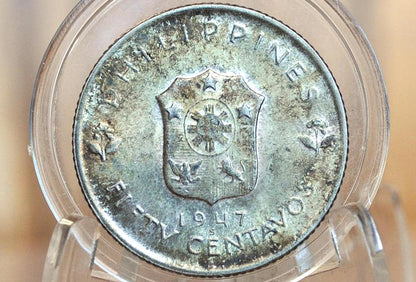 1947-S Silver Philippines 50 Centavos, Only 200,000 Made, Uncirculated, Toned, Douglas MacArthur 1947 Rare Commemorative Half Dollar