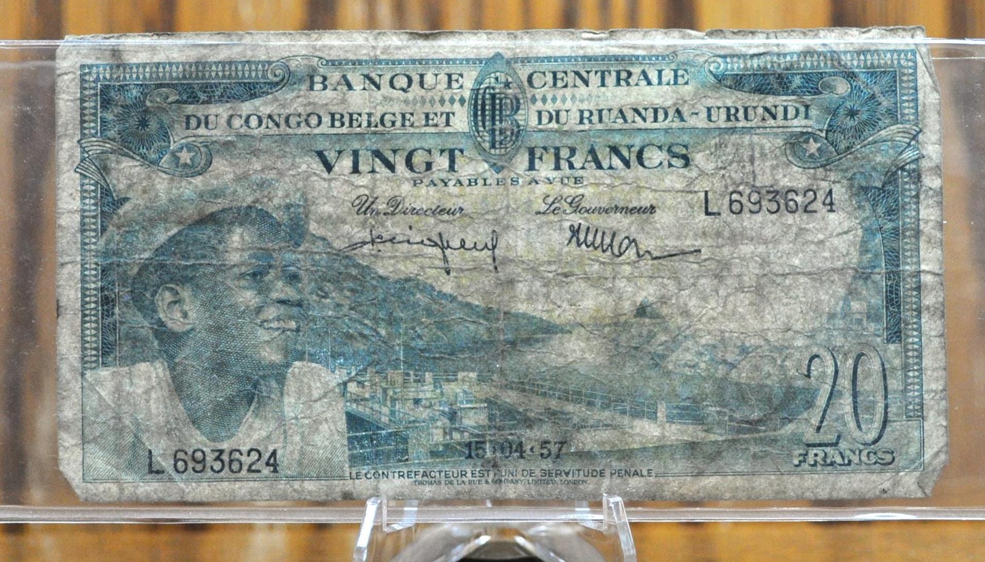 1957 Central Bank of Belgian Congo, Rwanda-Urundi 20 Francs Note - Belgium Colonial Currency - 1957 Belgian Congo Twenty Francs Note - P#31