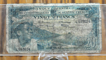 1957 Central Bank of Belgian Congo, Rwanda-Urundi 20 Francs Note - Belgium Colonial Currency - 1957 Belgian Congo Twenty Francs Note - P#31