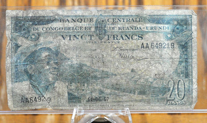 1957 Central Bank of Belgian Congo, Rwanda-Urundi 20 Francs Note - Belgium Colonial Currency - 1957 Belgian Congo Twenty Francs Note - P#31