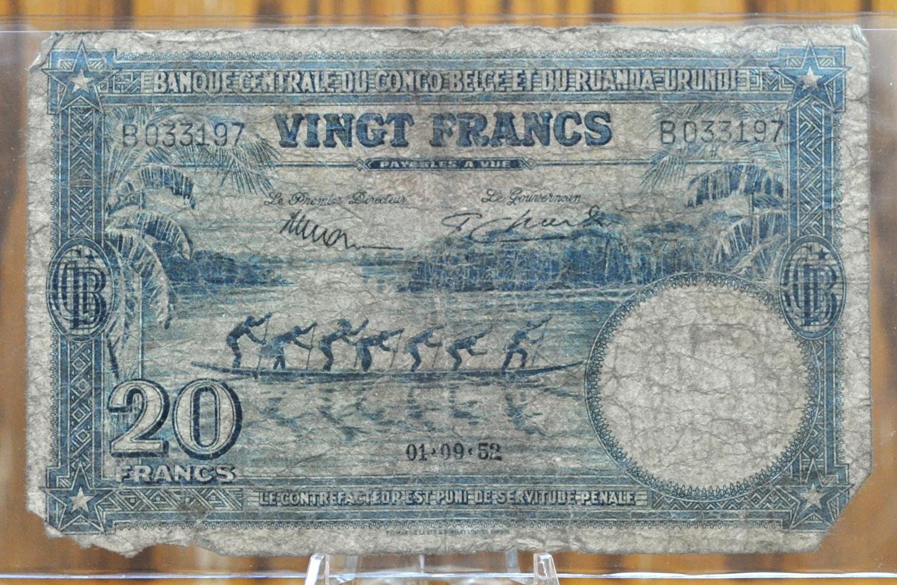 1952 Central Bank of Belgian Congo, Rwanda-Urundi 20 Francs Note - Rare 1952 Issue - F Grade - 1952 Belgian Congo Twenty Francs Note - P#23