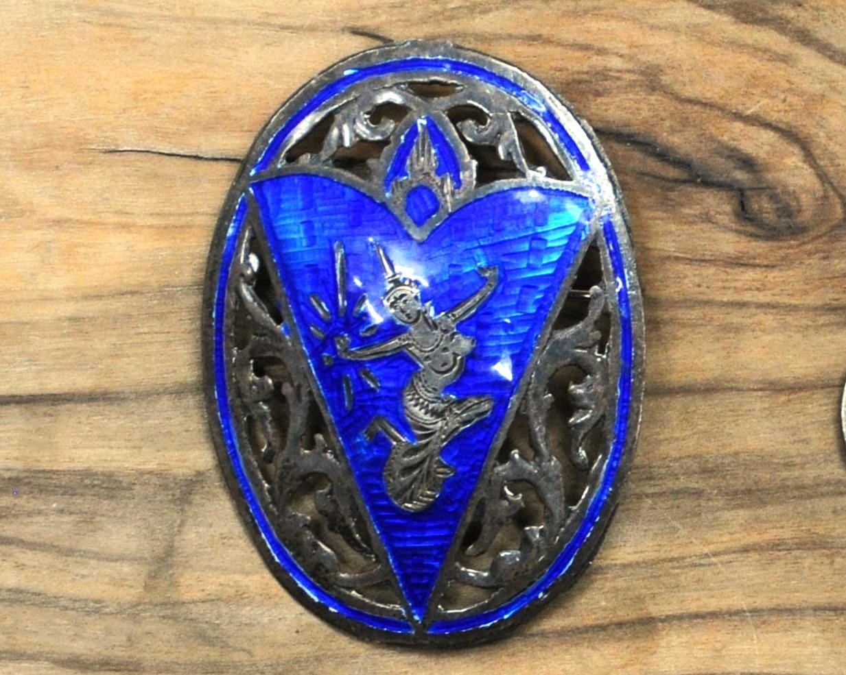 Vintage 1930s Siam Sterling Silver Blue Mekkala Goddess Brooch - Goddess of Lightning Thailand Pin - Antique Sterling 925 Thai Goddess Pin