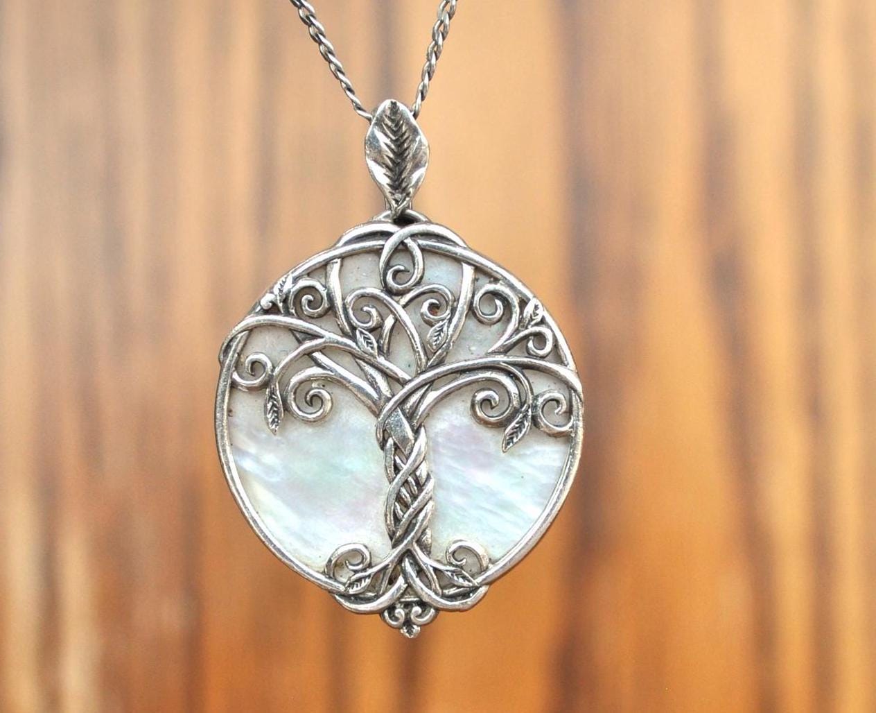 Vintage Sterling Silver Mother of Pearl Tree of Life Necklace - Detailed Design - Vintage Sterling 925 Pearl Tree of Life Pendant Necklace