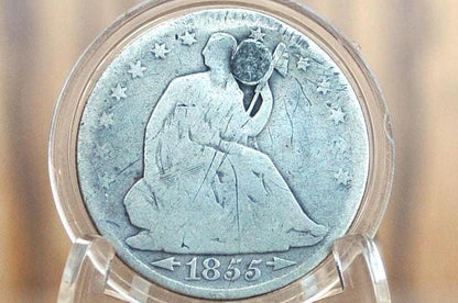 1855-O Seated Liberty Half Dollar - VG, Holed & Plugged - 1855O Liberty Seated Silver Half Dollar With Arrows - Authentic