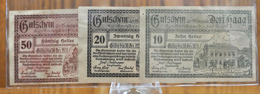 Set of 3 1920 Austria Heller Dorf Haag Notgeld - 10, 20, and 50 Heller - WWI Austrian Emergency Notes - 1920 Austria Heller Haag Dorf Notes