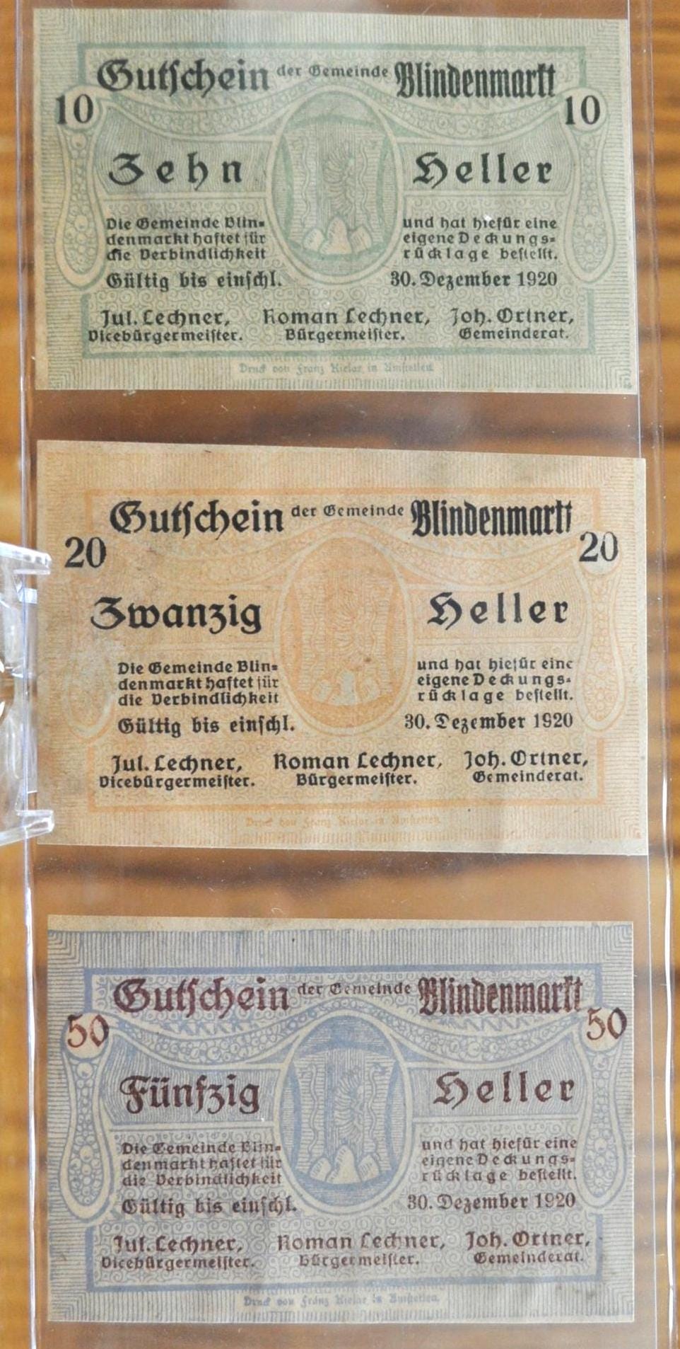 Set of 3 1920 Austria Heller Blindenmarkt Notgeld - 10, 20, and 50 Heller - WWI Austrian Notgeld - 1920 Austria Heller Blindenmarkt Notes